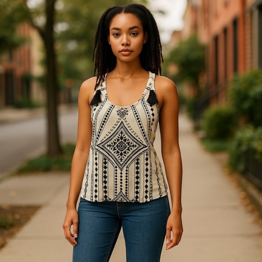 Banana Republic Embroidered Boho Fringe Tank Black Cream Size XS